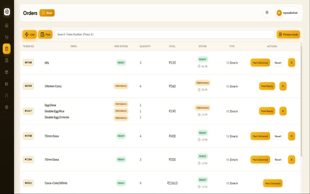 HungerTap live orders board with token status and actions